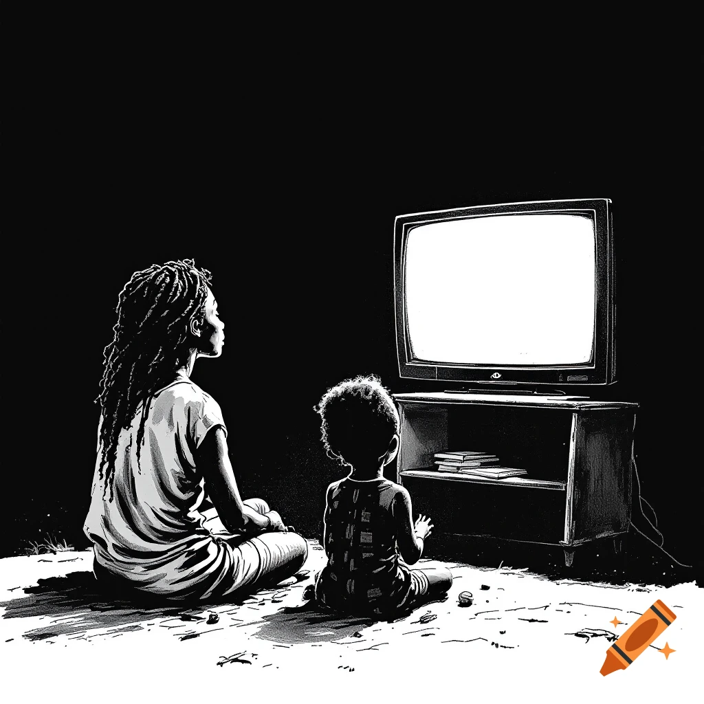Minimalist black and white drawing of a mother and child watching an old television.