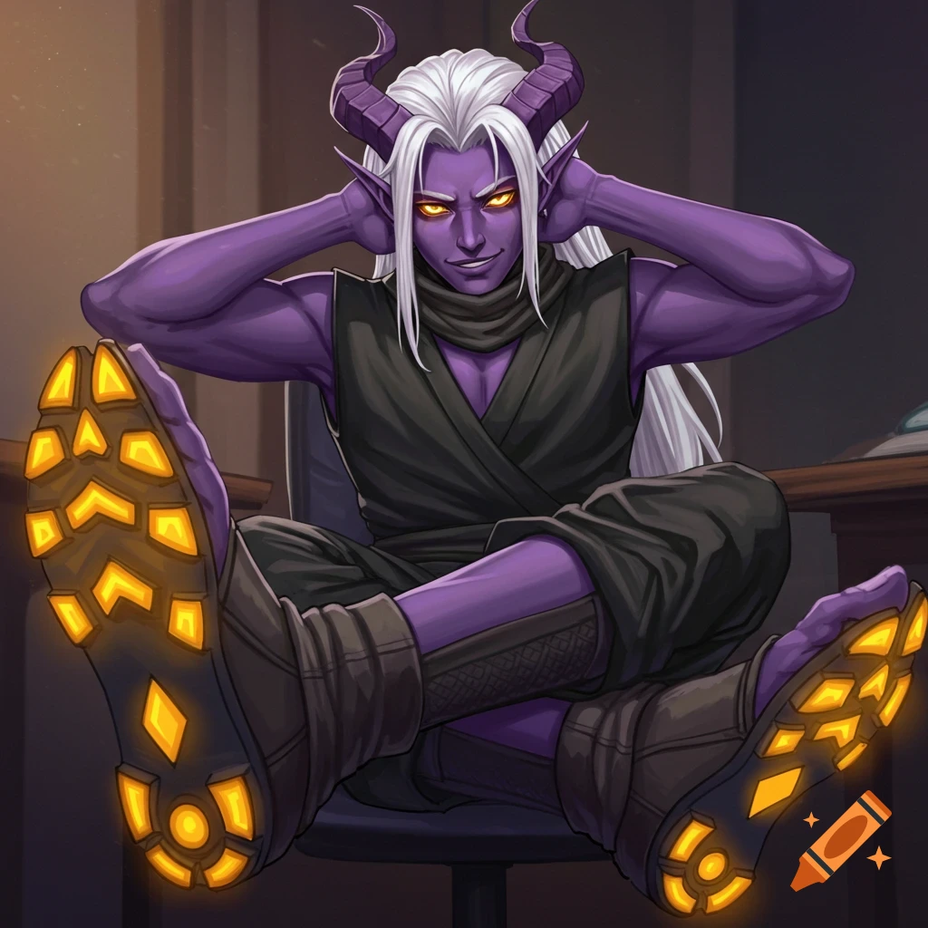 A purple-skinned tiefling with white hair and glowing eyes, sitting on a chair with feet on a desk.