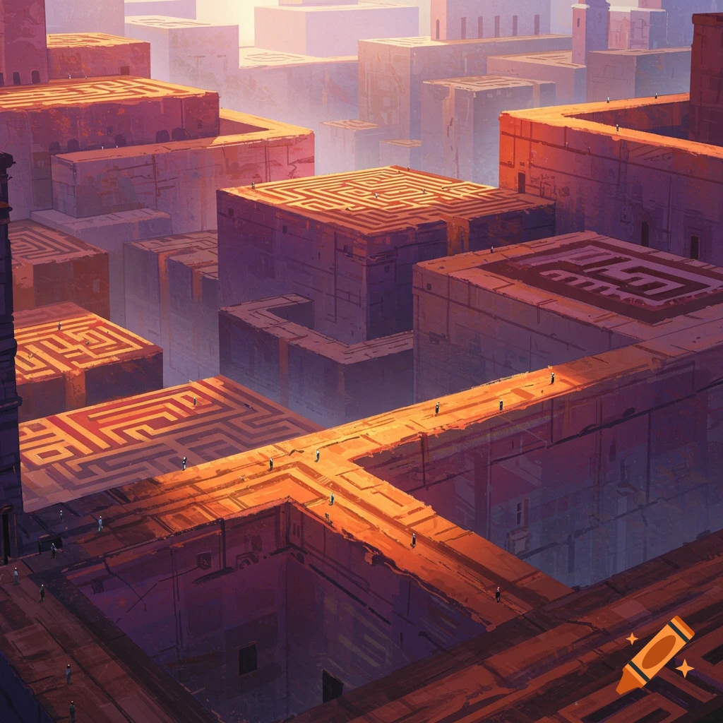 A fantasy city with huge maze-like structures and small figures walking on pathways.