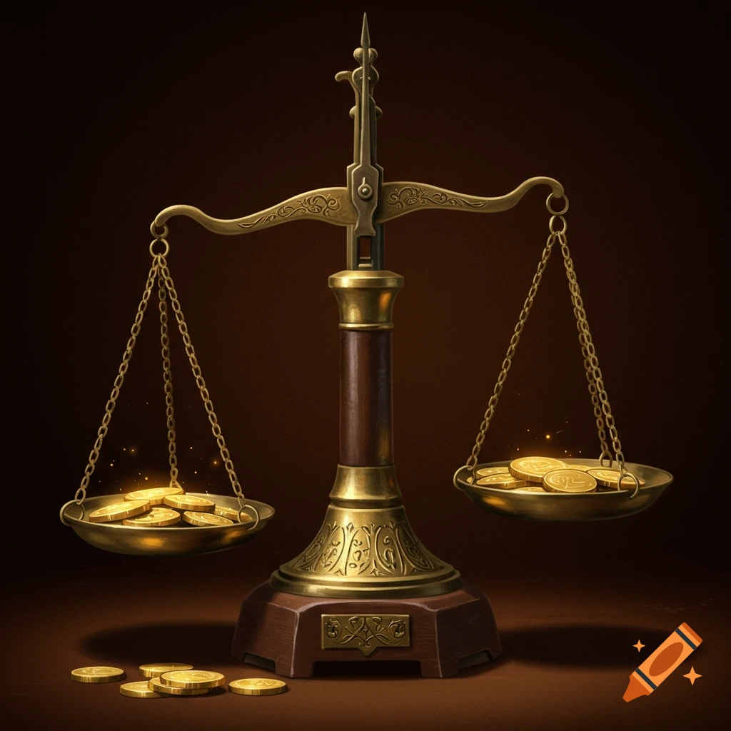 An old-fashioned balance scale holding piles of gold coins.