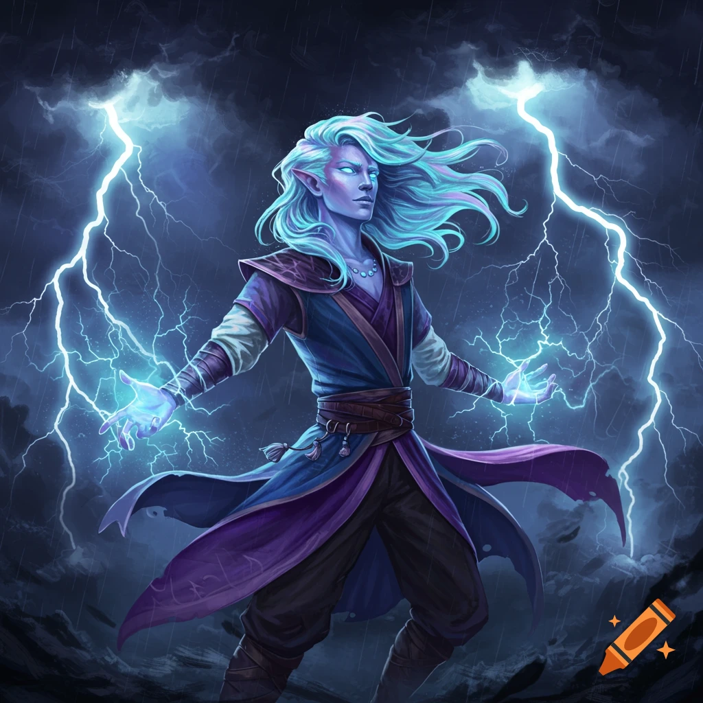 A male fantasy character, an air genasi sorcerer, casting lightning magic in a thunderstorm.