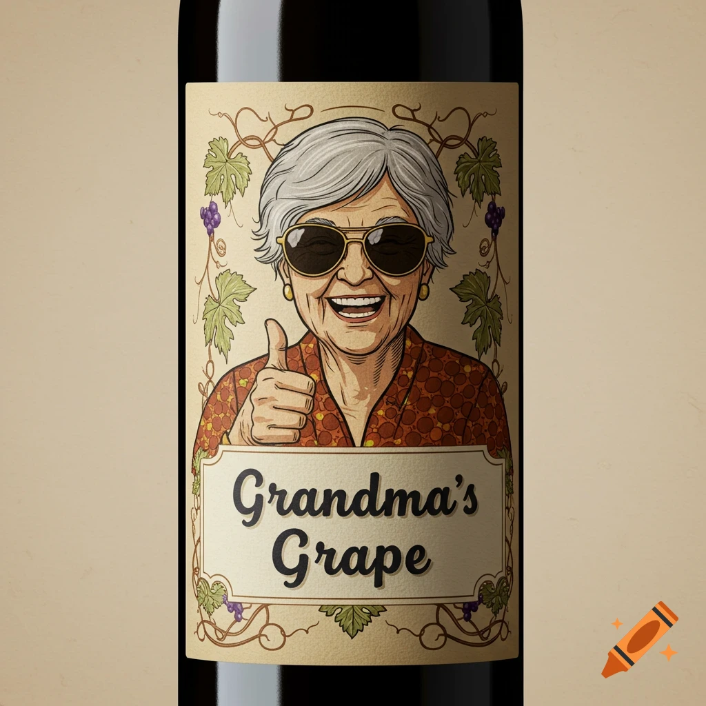 Illustration on a wine label of a grandma in sunglasses giving a thumbs-up, with "Grandma's Grape" text.