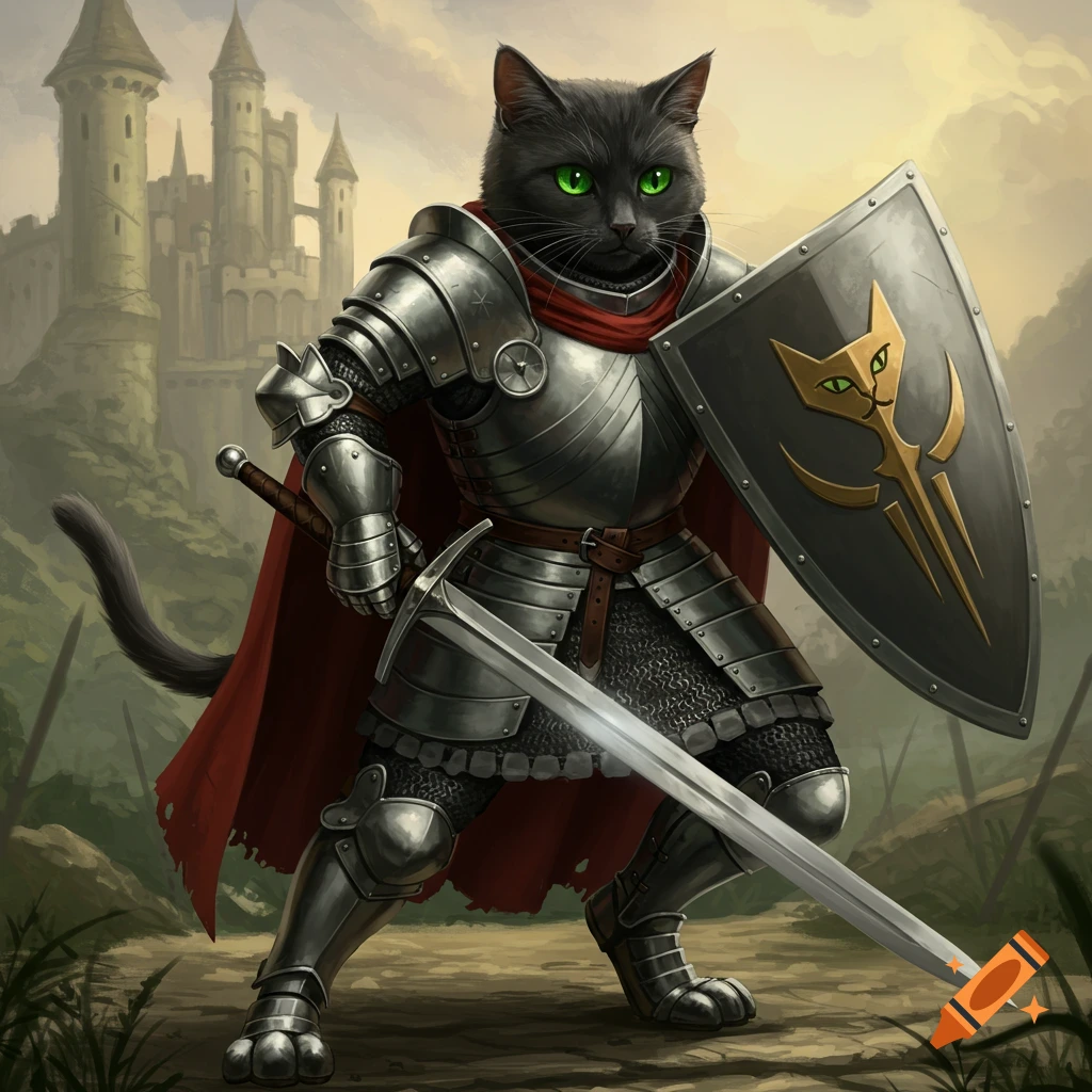 A black cat in knight armor holds a sword and shield in front of a castle.