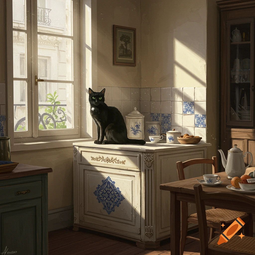 Black cat sitting on a cabinet in a sunlit Parisian kitchen.