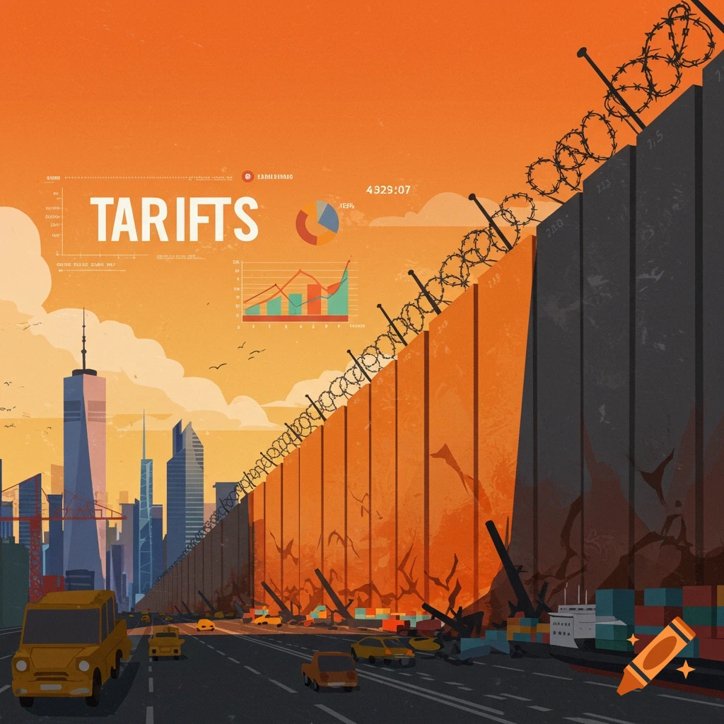 Stylized illustration of a city skyline behind a large wall with barbed wire, charts, and cars, representing tariffs.