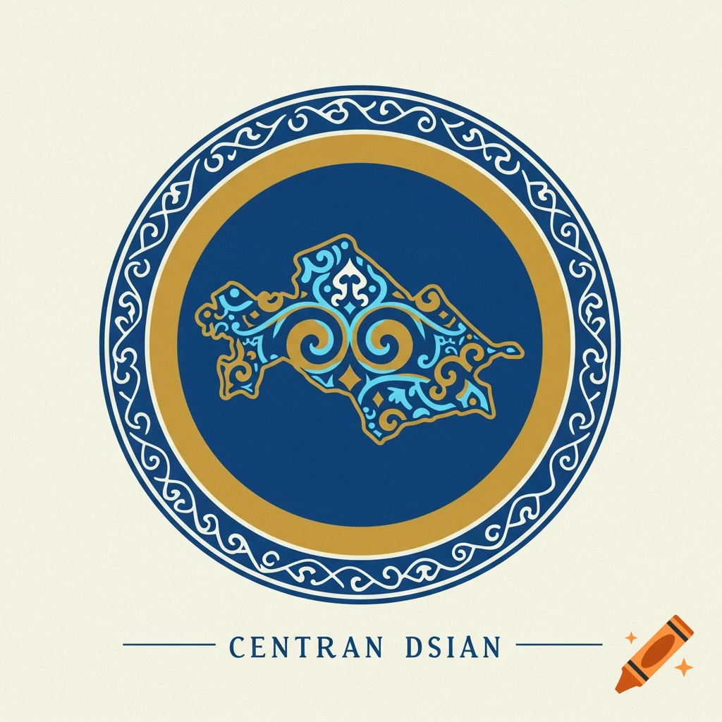 Logo with a stylized map of Central Asia and decorative patterns in blue and gold