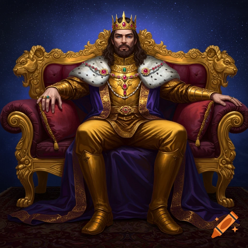 A king sits on an ornate golden and red throne
