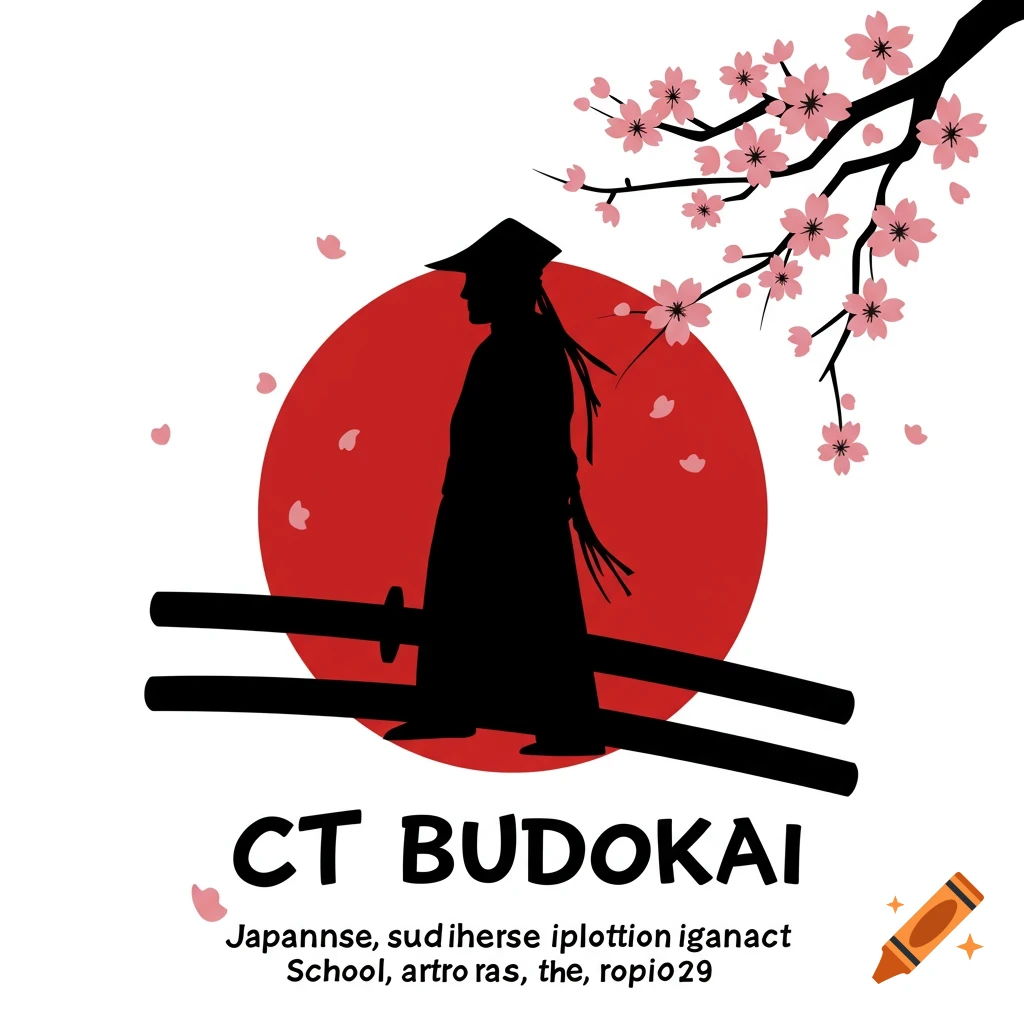 Logo with silhouette of figure holding katanas in front of red sun, with cherry blossoms and 'CT BUDOKAI' text.