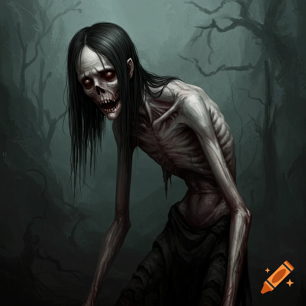 A creepy, emaciated figure with red eyes and long dark hair in a forest.