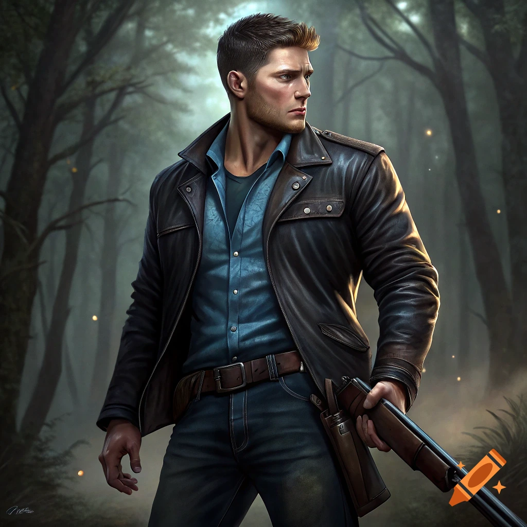 A man in a leather jacket and jeans holds a rifle in a foggy forest, looking right. Photorealistic style.