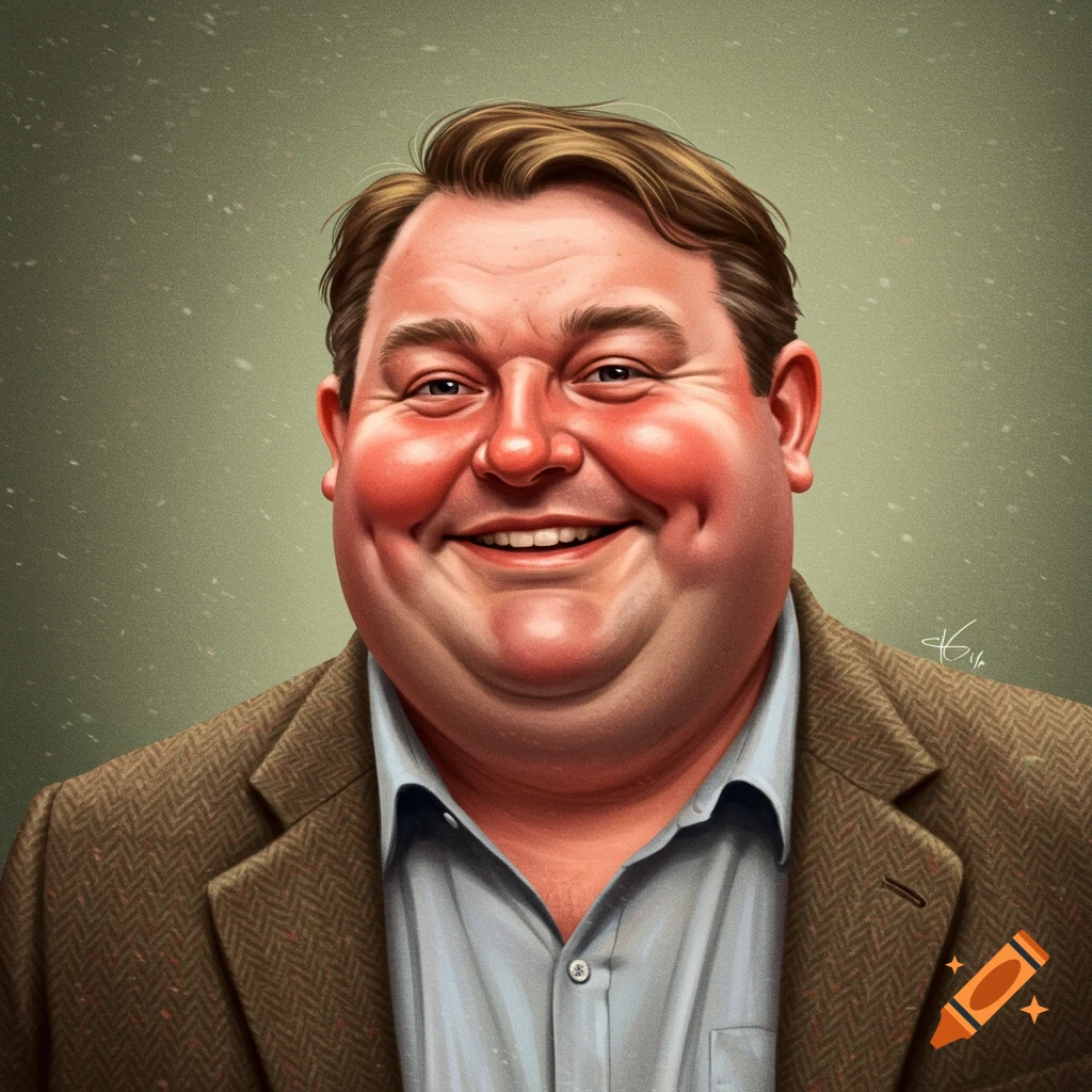 Caricature of a smiling man in a brown jacket