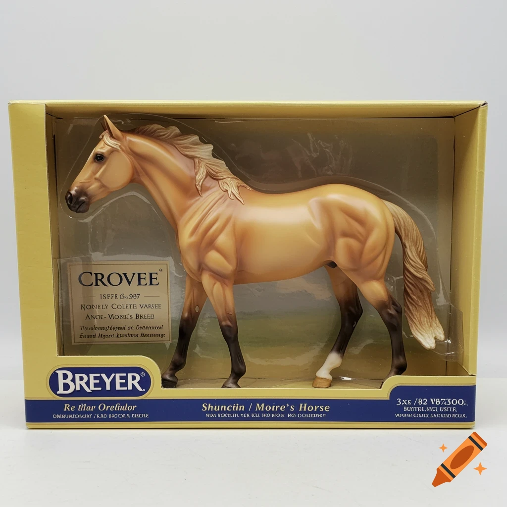 A Breyer palomino model horse in its original box, shot from the side.