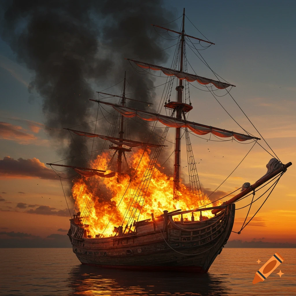 A burning pirate ship at sea during sunset.