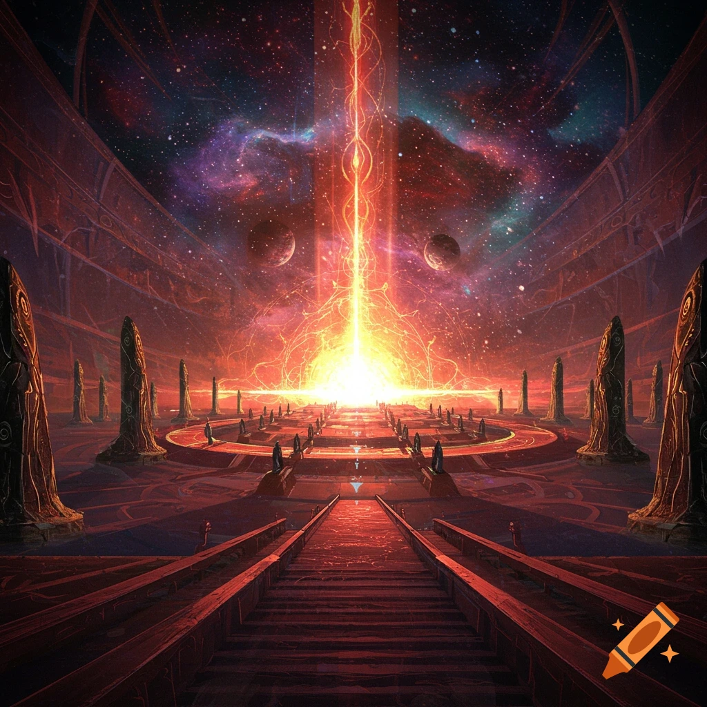 A vast fantasy chamber or temple with multiple pillars, leading towards a central bright energy beam shooting into a colorful nebula and planets.