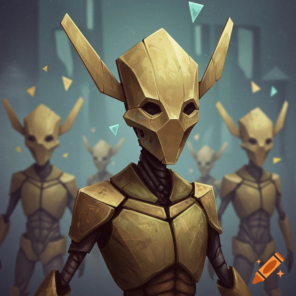 Golden robotic figures with rhombus heads and triangular floating ears standing in a line.