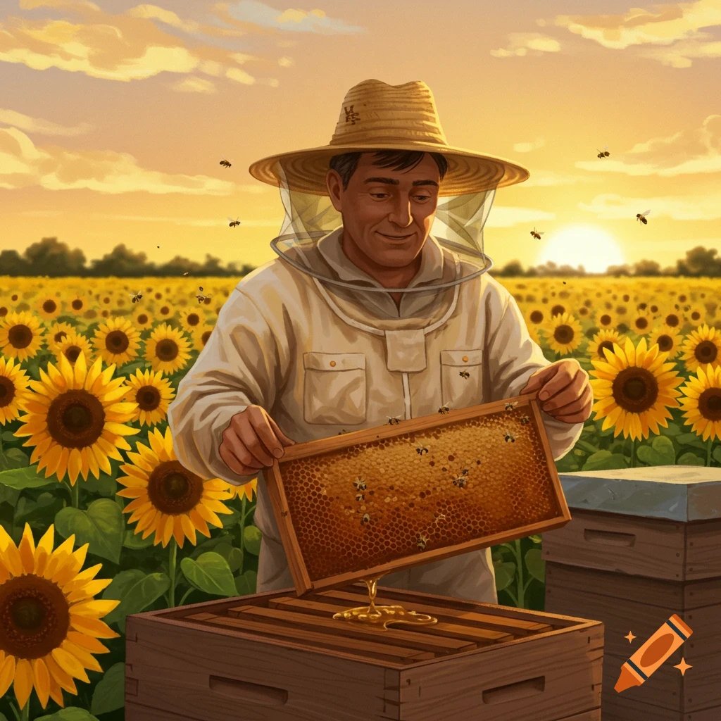 A beekeeper is holding a honeycomb frame in a field of sunflowers at sunset.