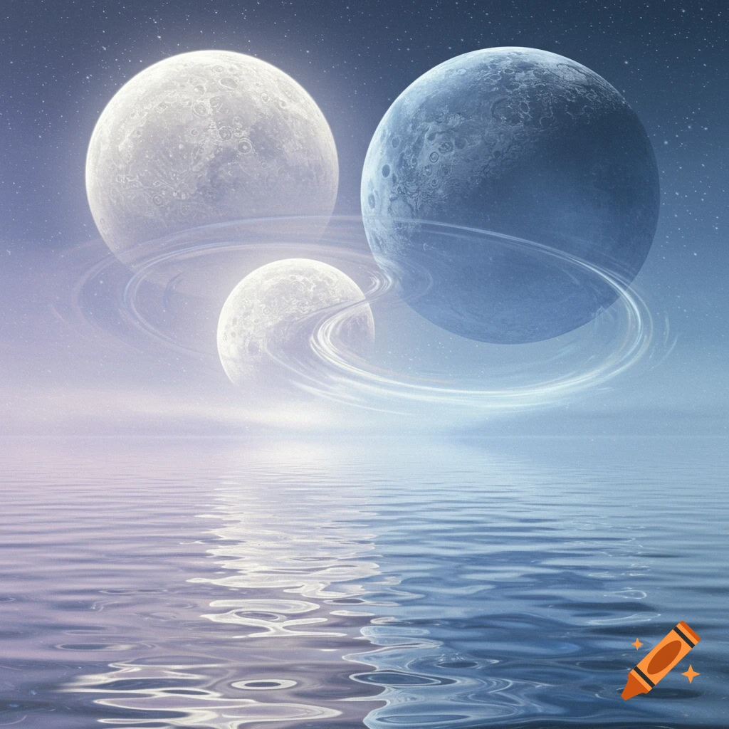 Three moons with rings are reflecting in calm water.