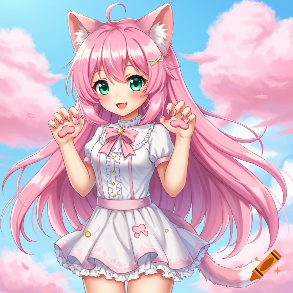 An anime cat girl with pink hair and green eyes smiles, holding up her paw hands against a cloudy sky.