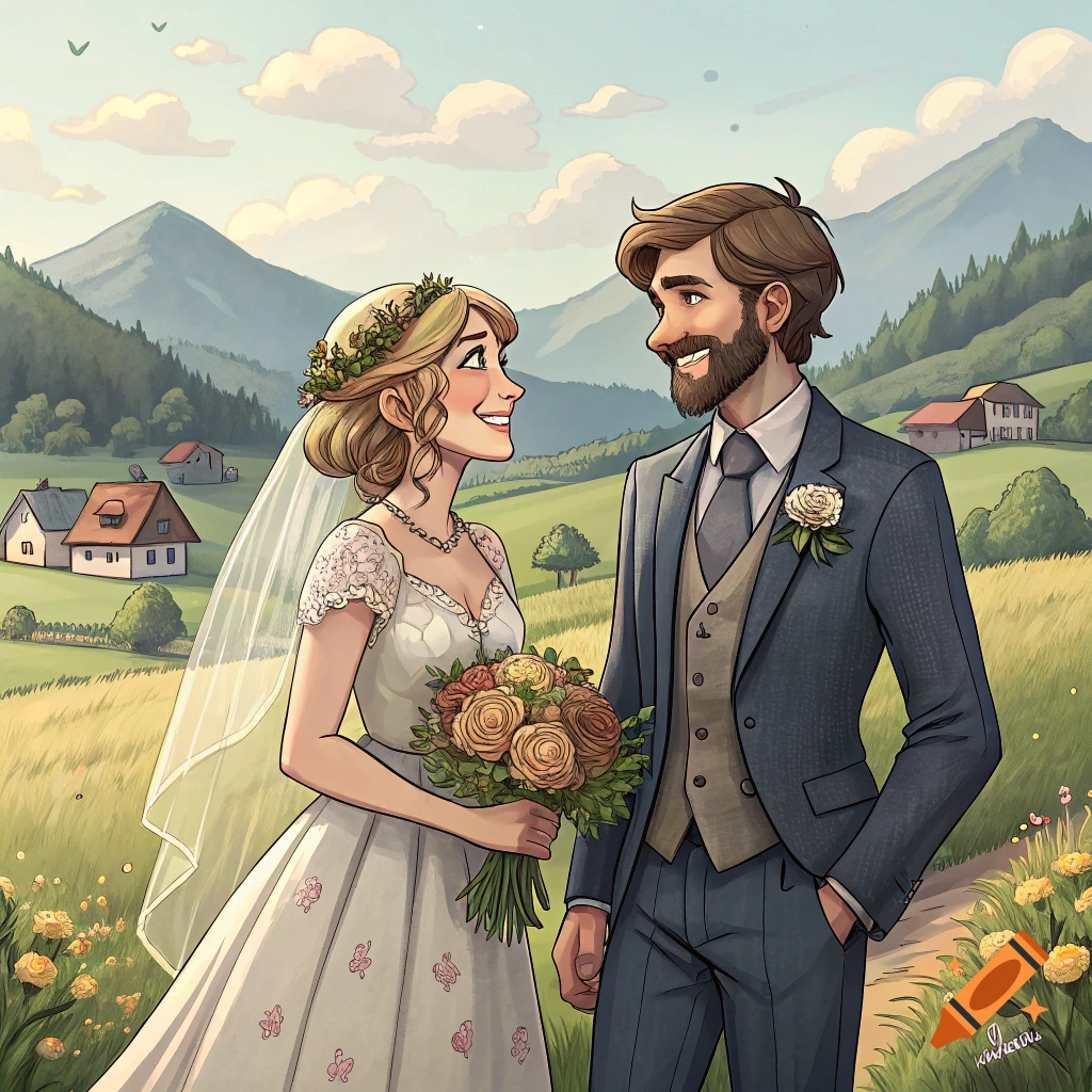 Illustrated wedding couple in a field with mountains