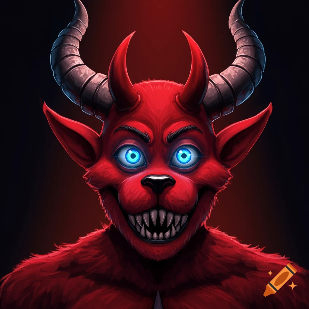 A red, furry creature with blue eyes, devil horns, and sharp teeth.
