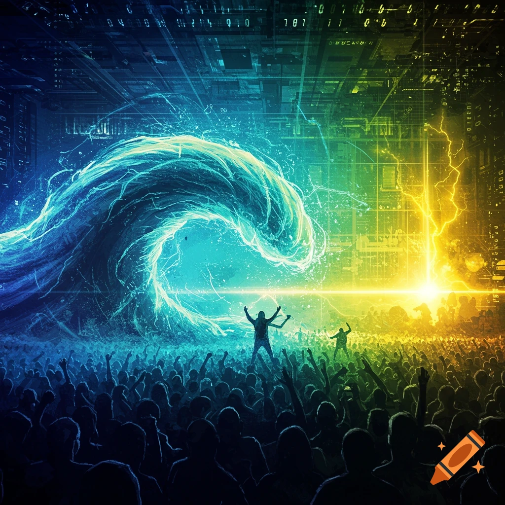 A vibrant image of a crowd at a concert with a large glowing wave and lightning behind figures on stage.