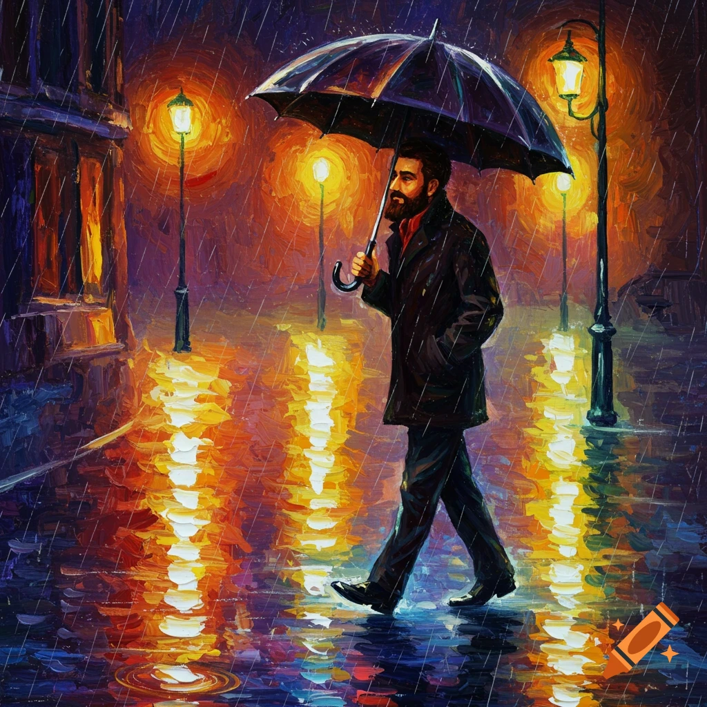 Painting of a man walking under an umbrella in the rain at night