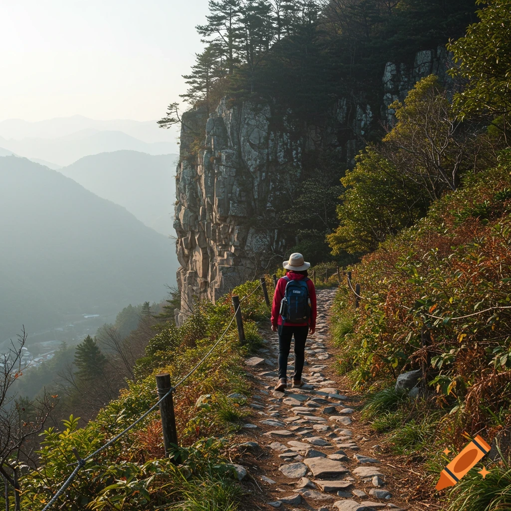 Person hikes rocky trail along cliff overlooking a valley.