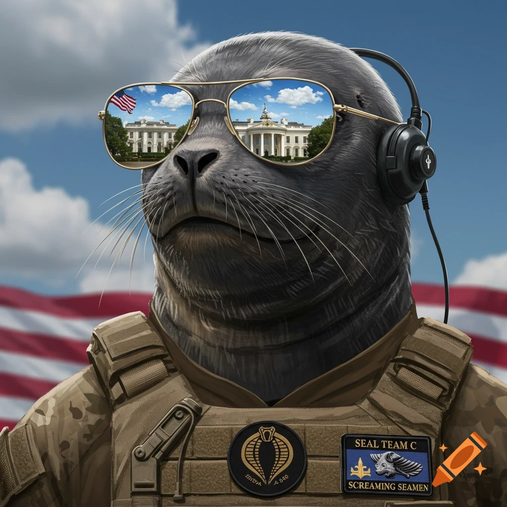 A seal in military gear and sunglasses reflecting the White House, with an American flag behind.