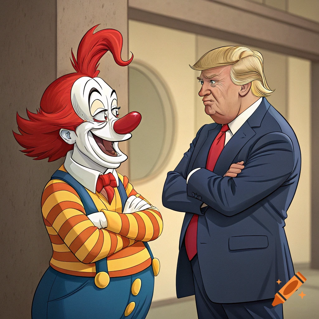 A cartoon illustration shows a clown with red hair and a striped shirt standing next to a man resembling Donald Trump in a suit.