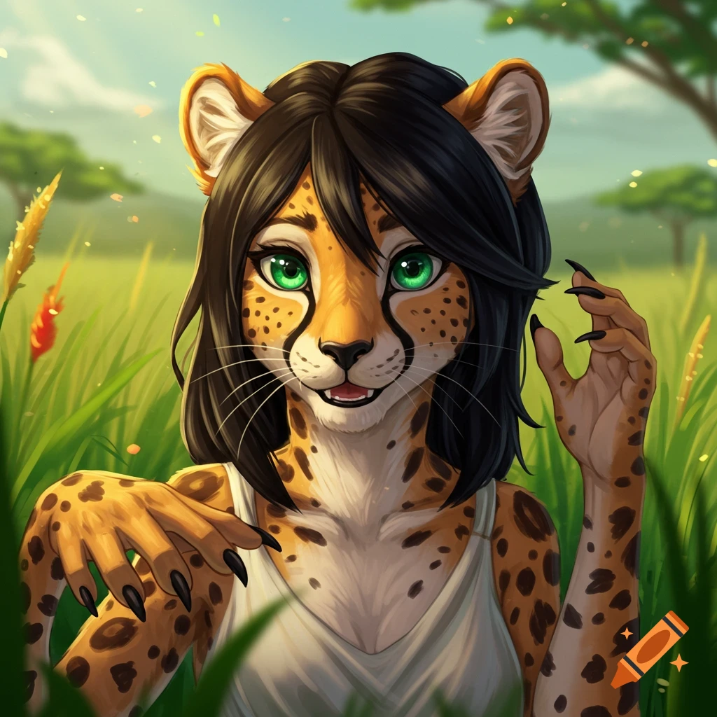 A furry cheetah character with green eyes in a grassy field.