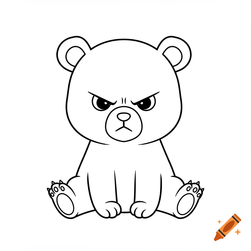 A black and white line drawing of an angry cartoon bear sitting.