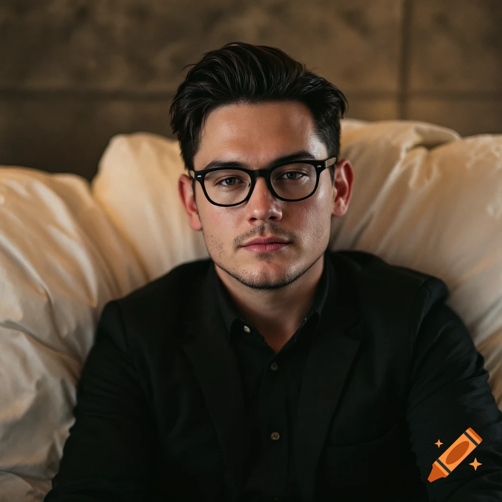 A man in glasses and a black suit sits on a bed, looking directly at the camera.