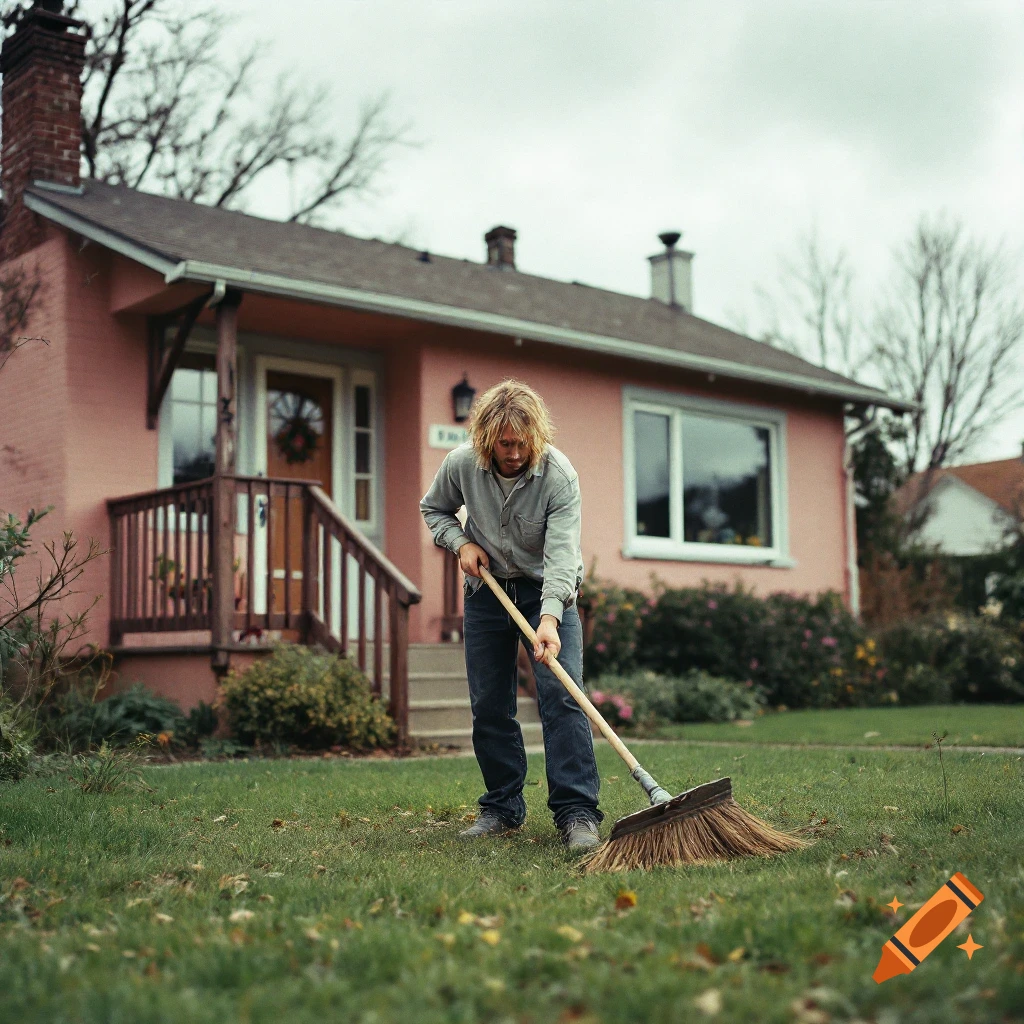 A man with long blonde hair rakes leaves on a lawn in front of a pink house on an overcast day.
