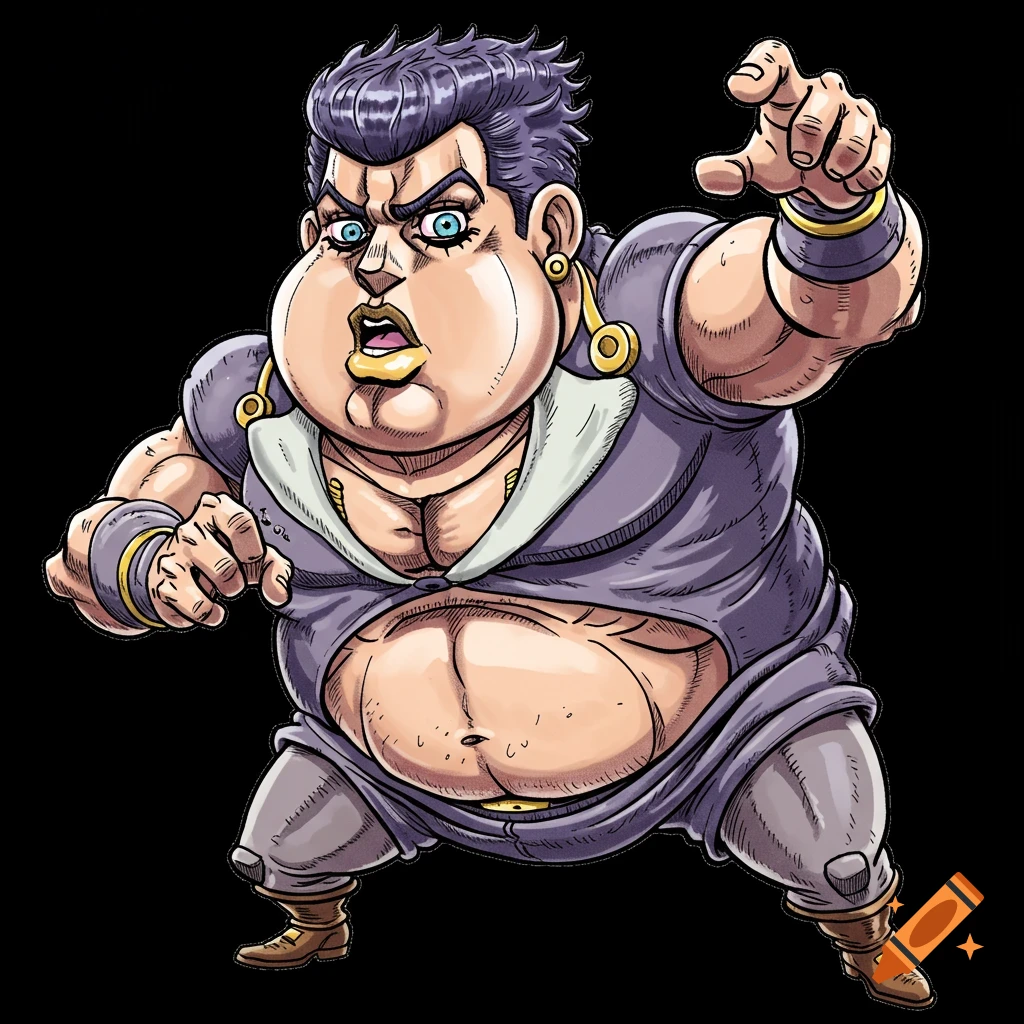 Illustration of a muscular anime character with a tiny head in a dramatic pose.