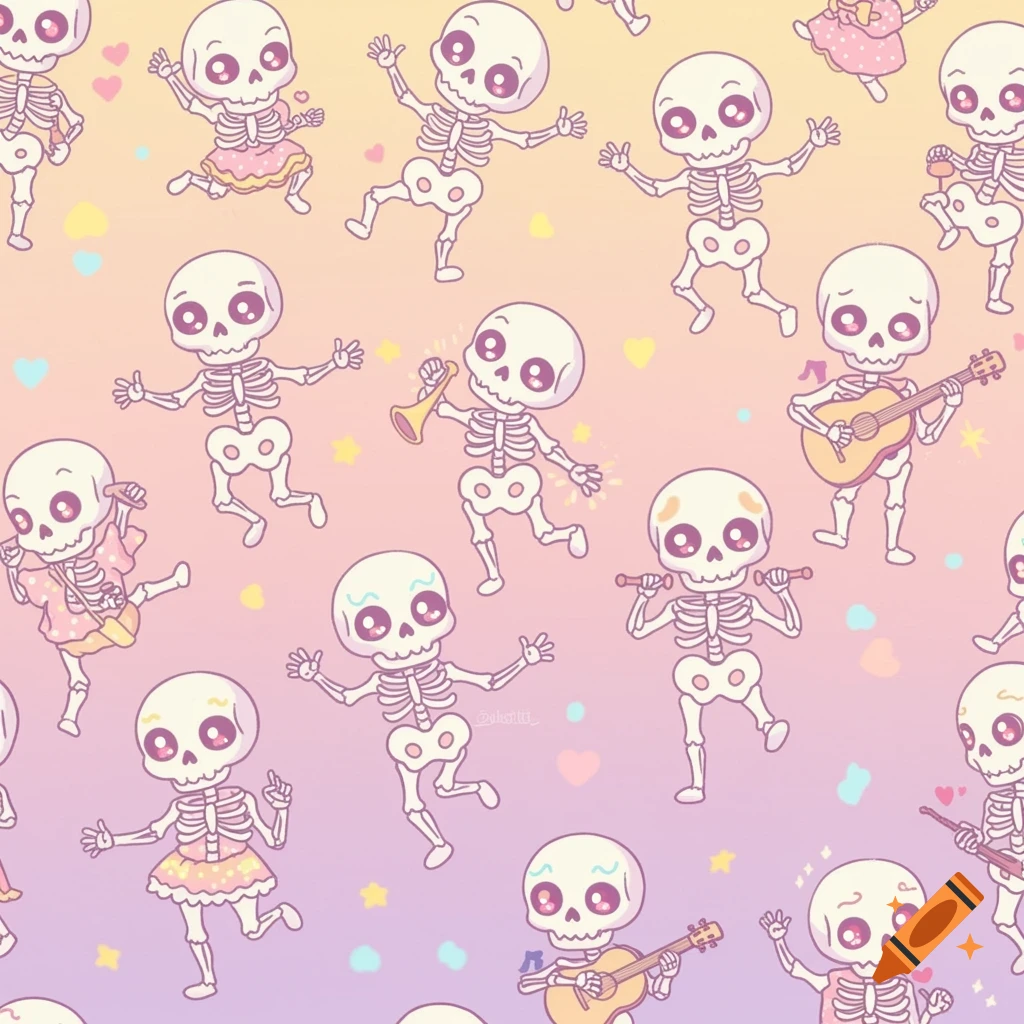 A pattern of cute cartoon skeletons dancing and playing music on a pastel background.