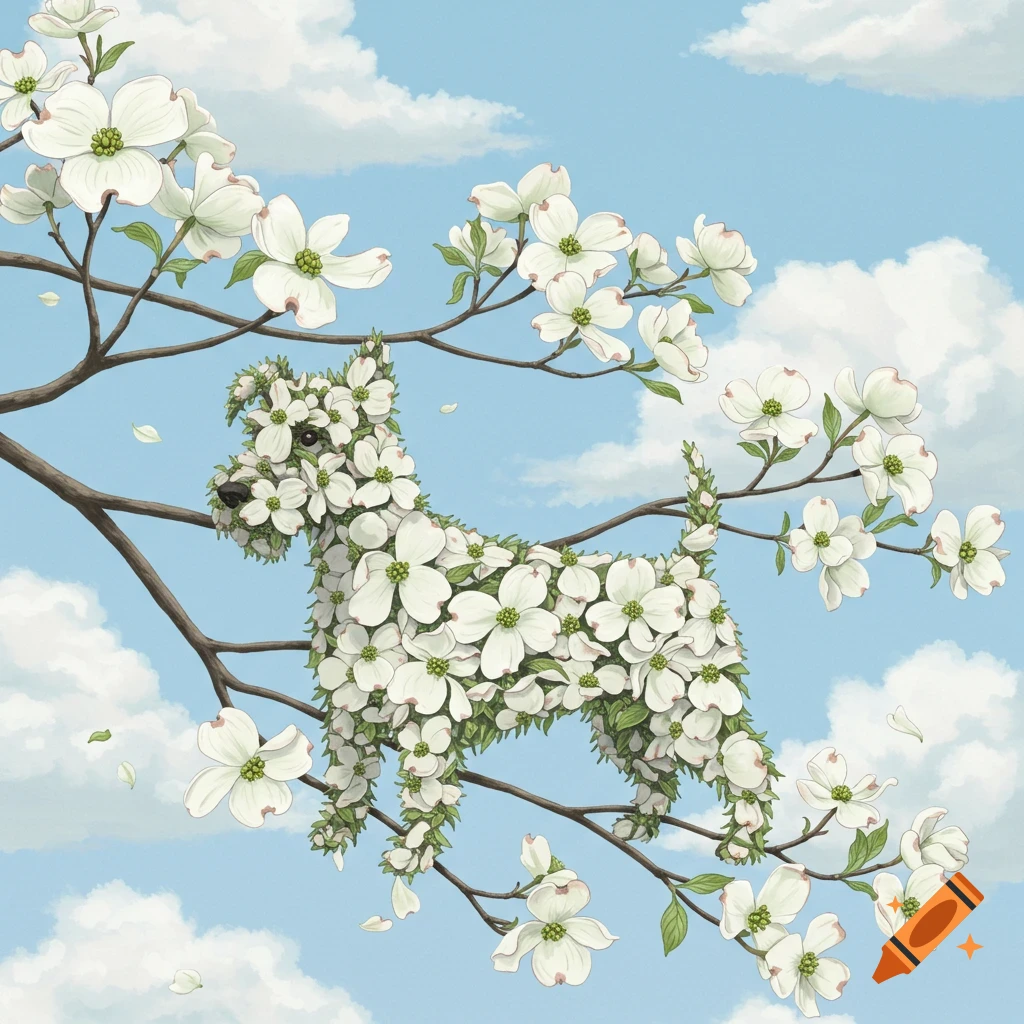 A terrier shape made of white flowers sits on a dogwood tree branch against a blue sky.