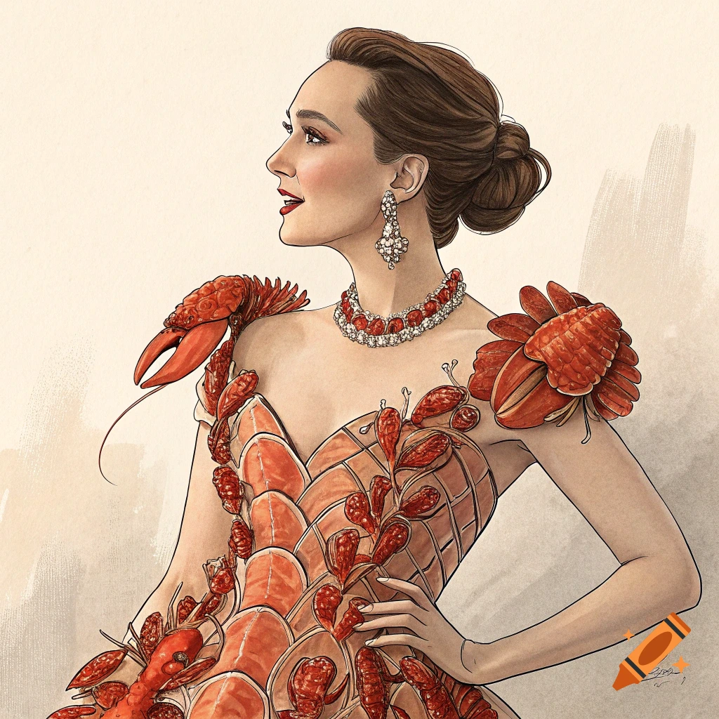 Illustration of a woman wearing an evening dress made of lobster shells and tails with lobster claw earrings.