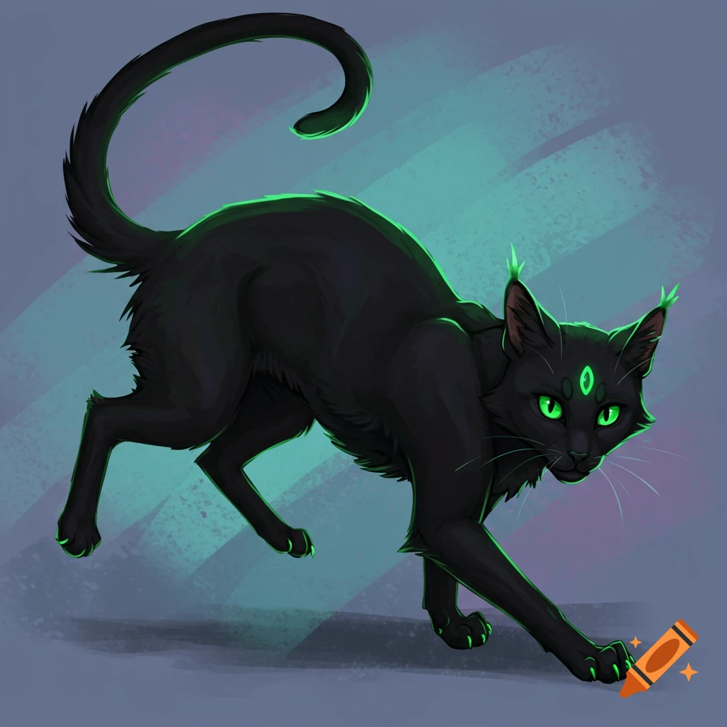 A black cat with glowing green eyes and markings.