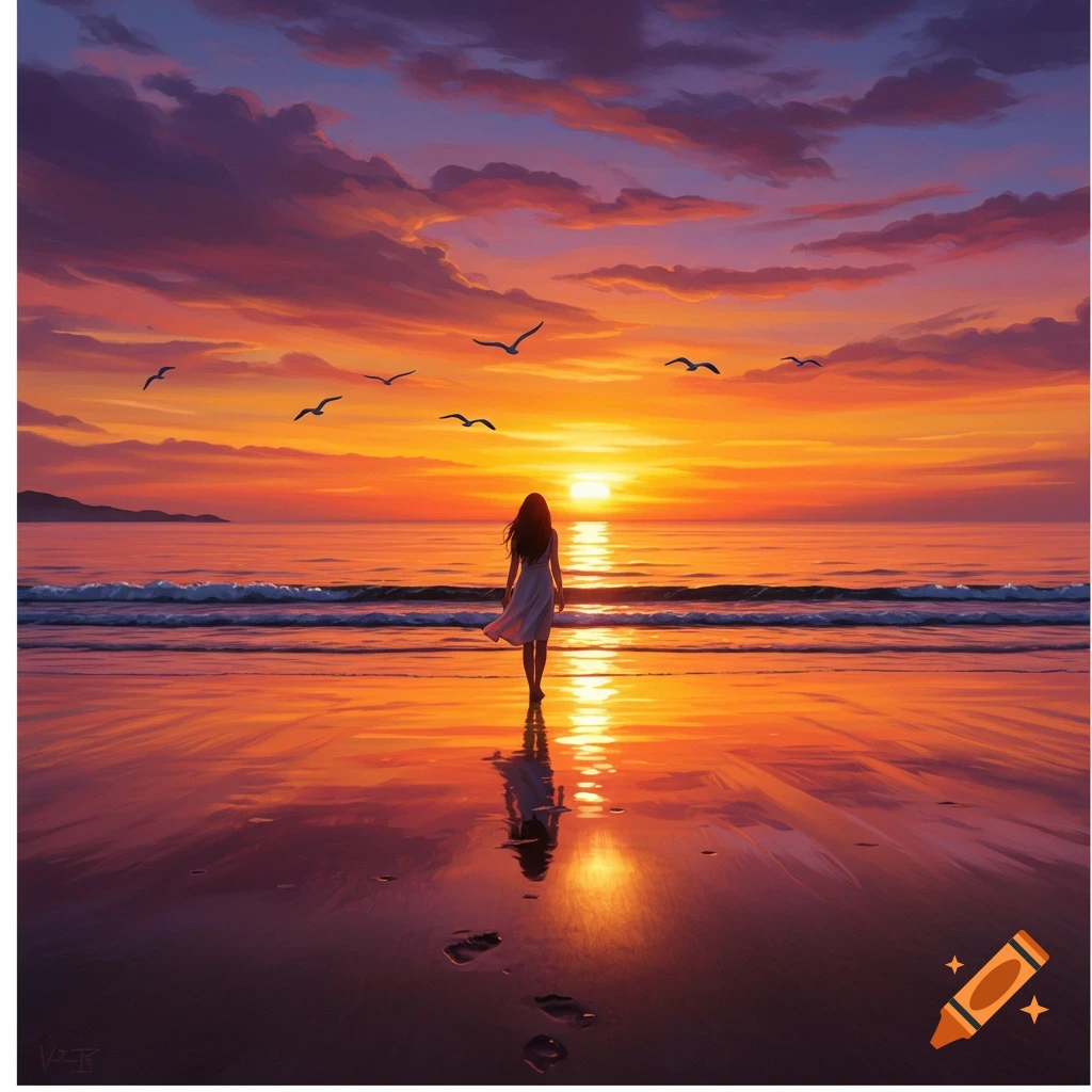A woman stands on a beach watching a vibrant sunset reflect on the water.