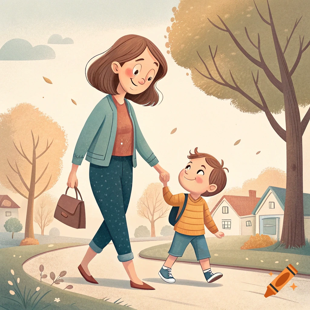 Illustration of a mother and son walking hand-in-hand on a path in autumn.
