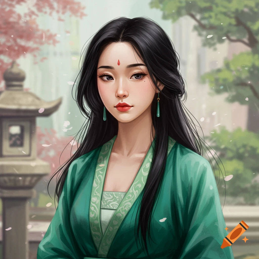 A woman in a green robe stands in a garden filled with cherry blossoms and a stone lantern.