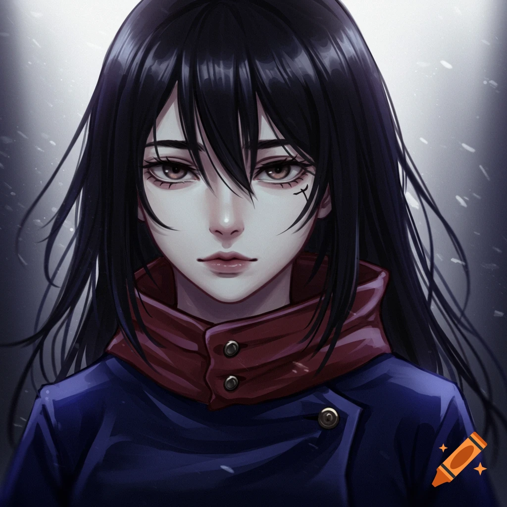 Anime portrait of a girl with long black hair, brown eyes, and a mark ...