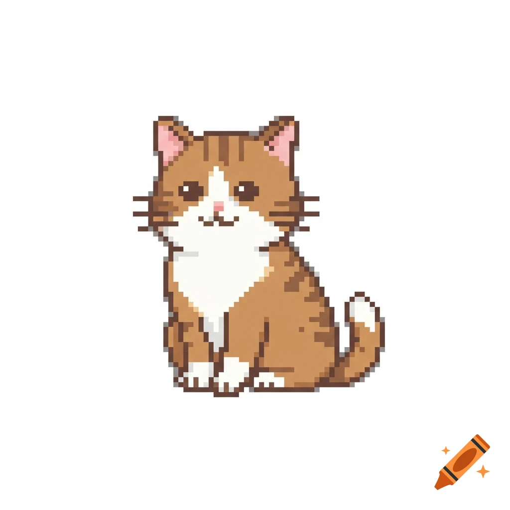 Pixel art of a sitting orange and white cat.
