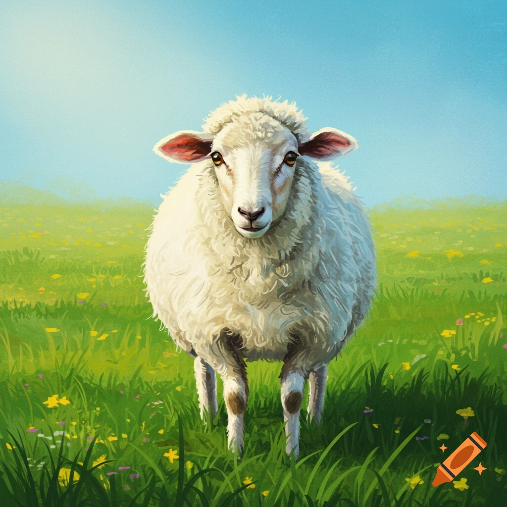 A sheep stands in a grassy field with yellow and purple flowers under a blue sky.