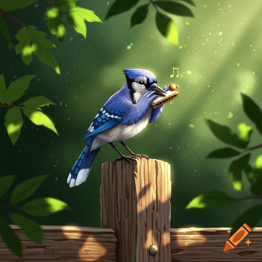 A blue jay sitting on a fence post and playing a harmonica.