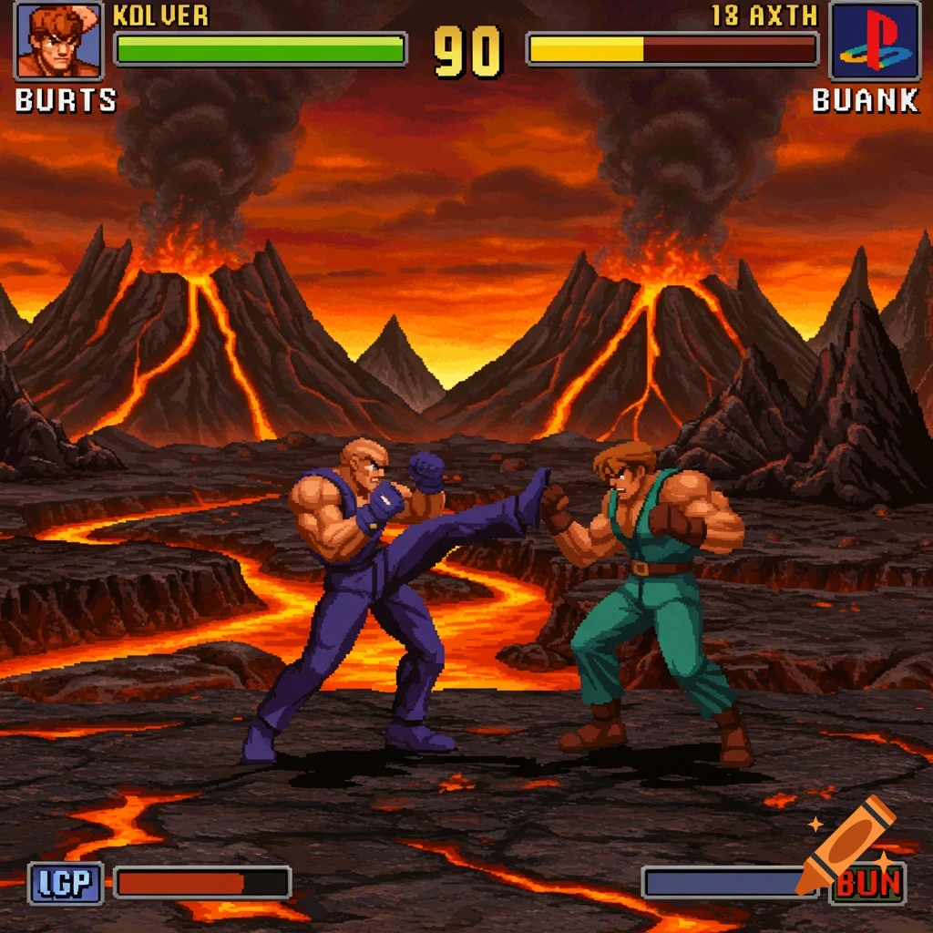 Pixel art fighting game screenshot of two characters fighting on a volcanic stage.