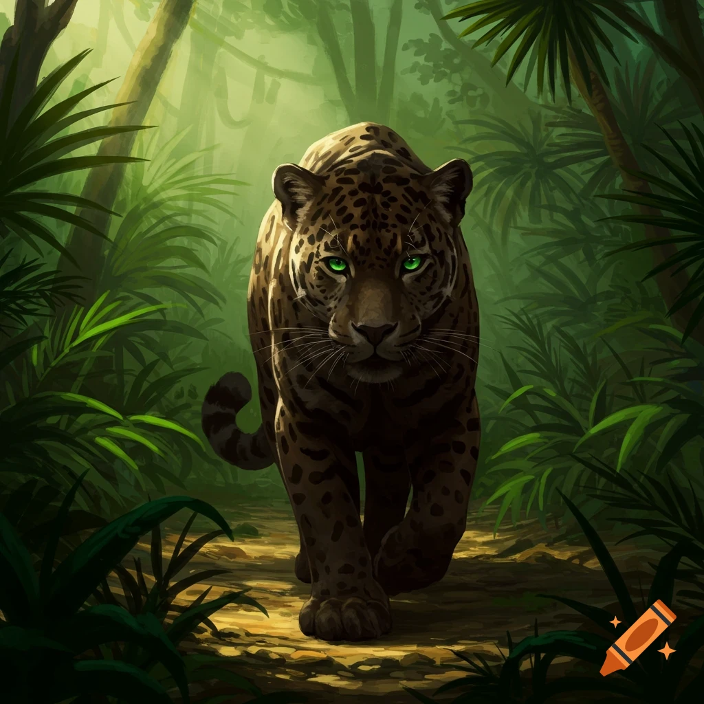 A jaguar walking on a path through a lush jungle, looking directly at the camera.