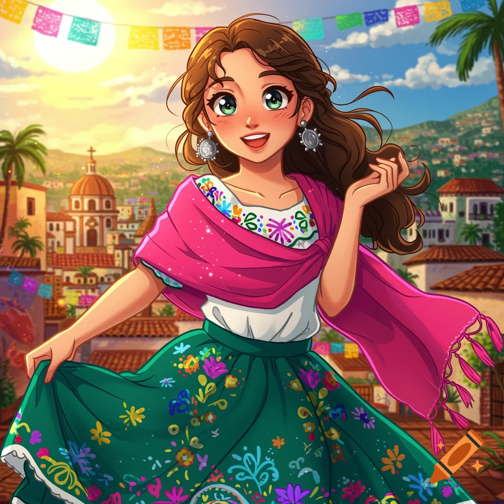 Anime girl in Mexican dress and rebozo in a vibrant city scene.