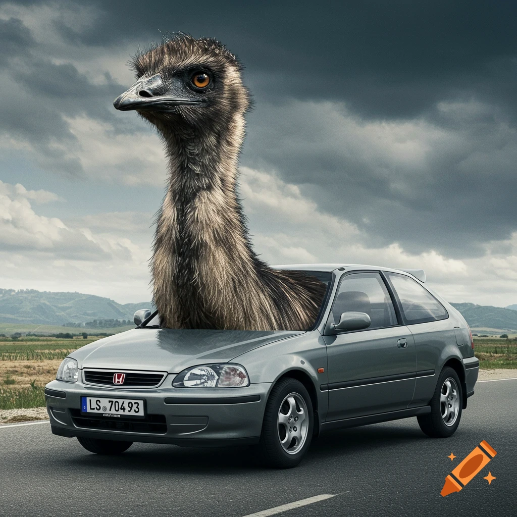 A photorealistic image of a giant emu's head and neck emerging from the roof of a gray Honda Civic on a road.
