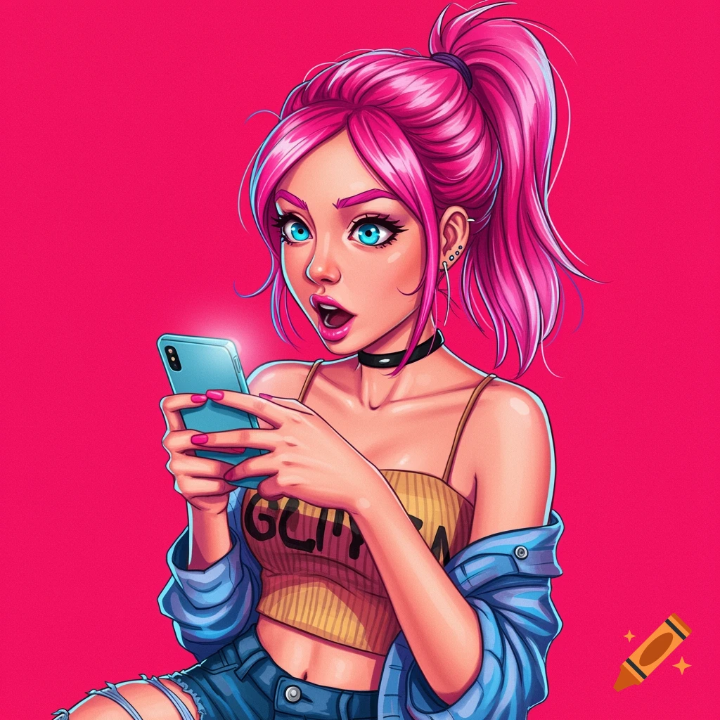 Digital illustration of a young woman with pink hair looking surprised while holding a smartphone, in a vibrant pop art style.